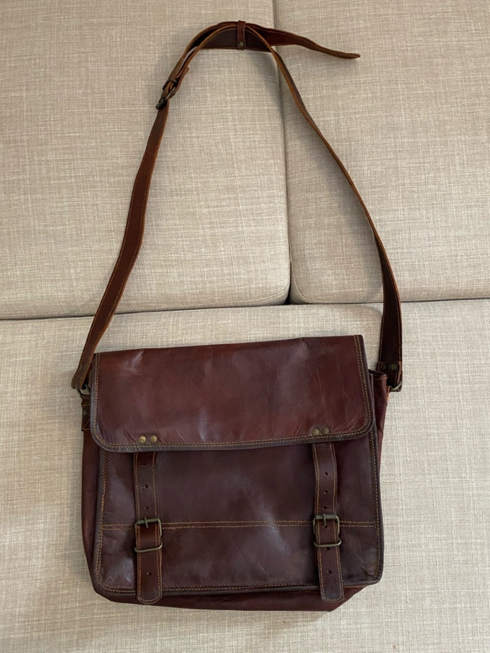Vintage Brown Leather Messenger Bag With Green Fabric Lining